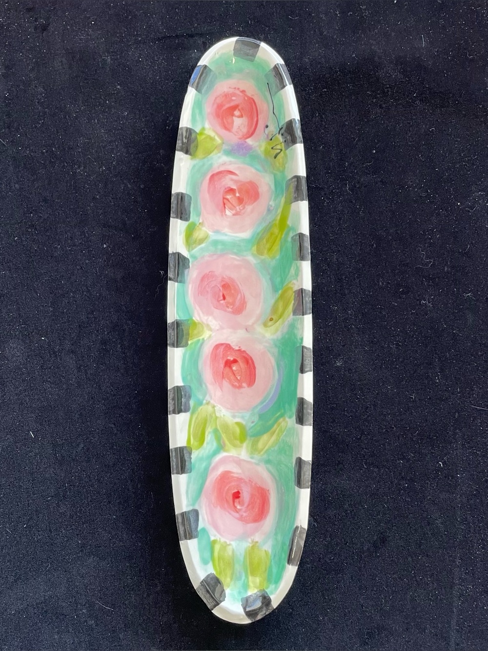 Handmade Ceramic Serving Olive Boat “Peonies On Mint .Original Design 12”x3”